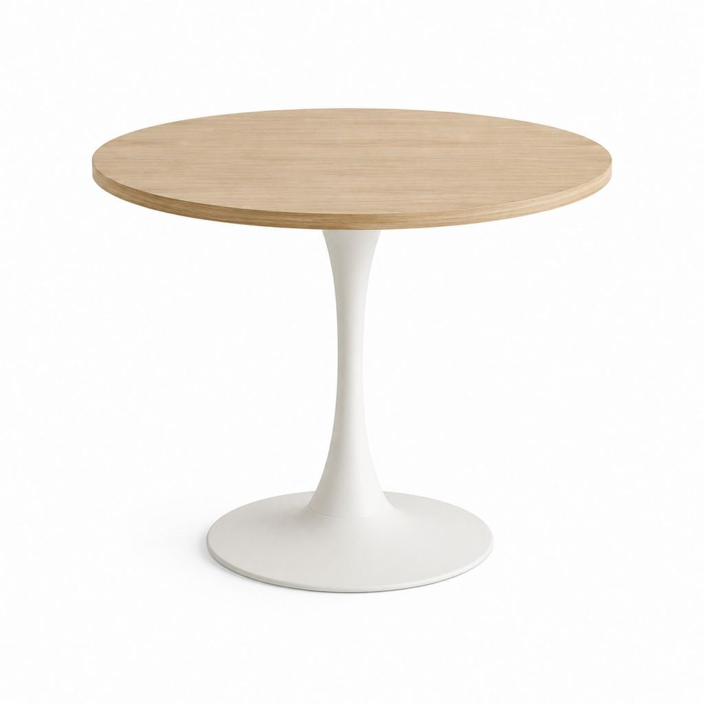 Table à manger ronde blanche et chêne en MDF plaqué chêne et acier 100 x 100 x 75 cm