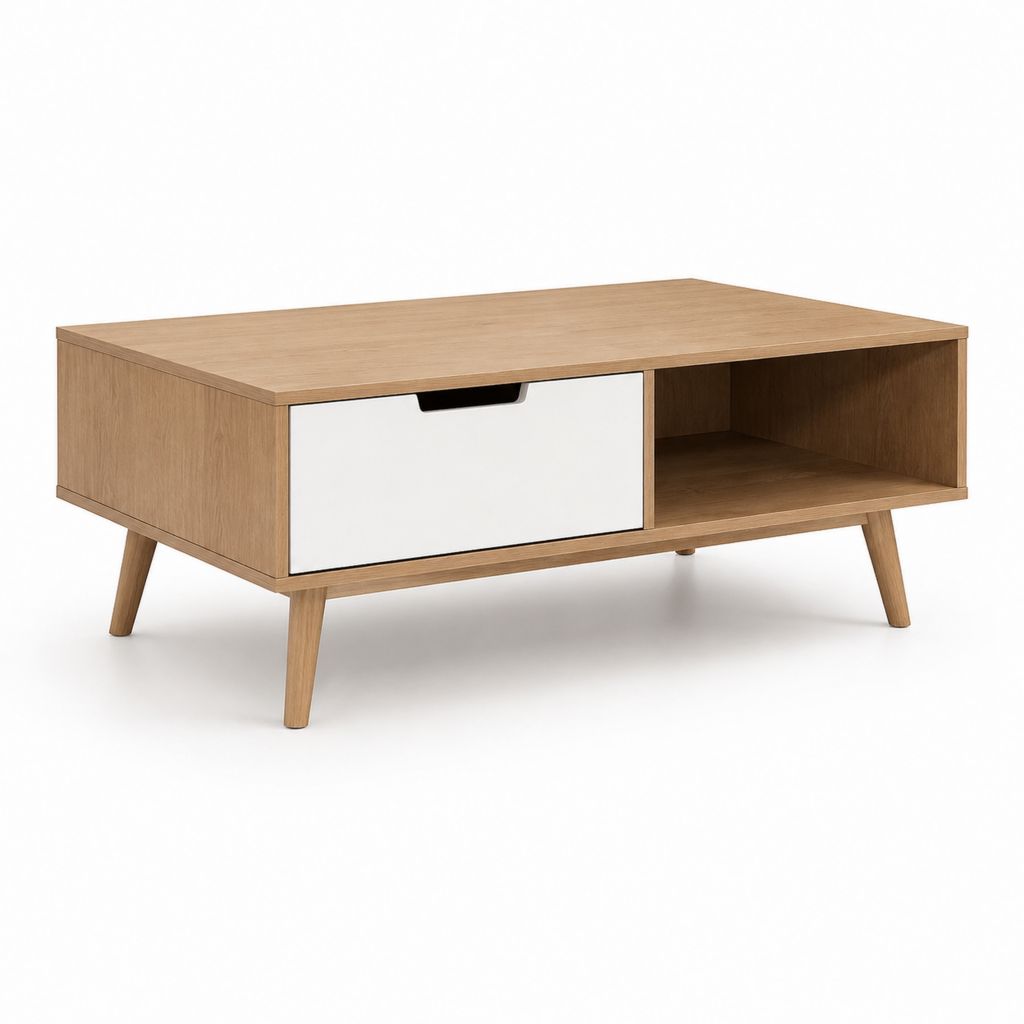 Table basse rectangulaire chêne clair et blanc en panneaux de particules mélaminés 100 x 50 x 45 cm
