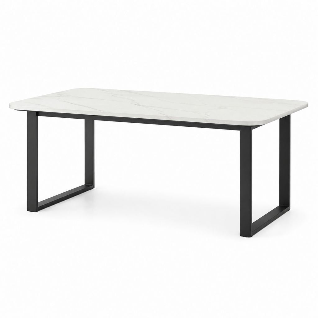 Table à manger rectangulaire blanche effet marbre avec piètement en acier noir 140 x 80 x 75 cm