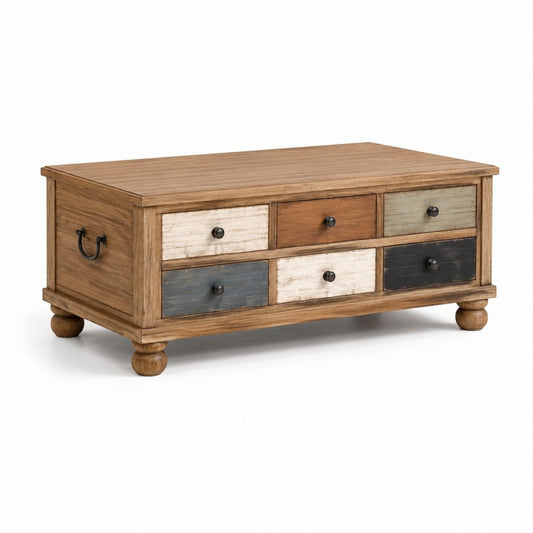 Table basse rectangulaire en bois massif multicolore avec 6 tiroirs 110 x 60 x 45 cm