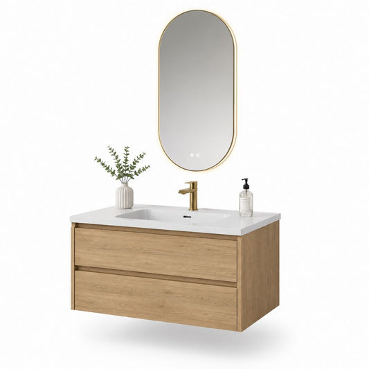 Ensemble meuble sous vasque suspendu 80 cm chêne clair en panneau MDF avec vasque blanche et miroir LED ovale