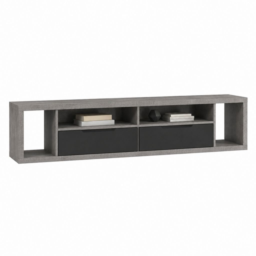 Meuble TV rectangulaire gris béton et anthracite en panneaux de particules 180 x 40 x 45 cm