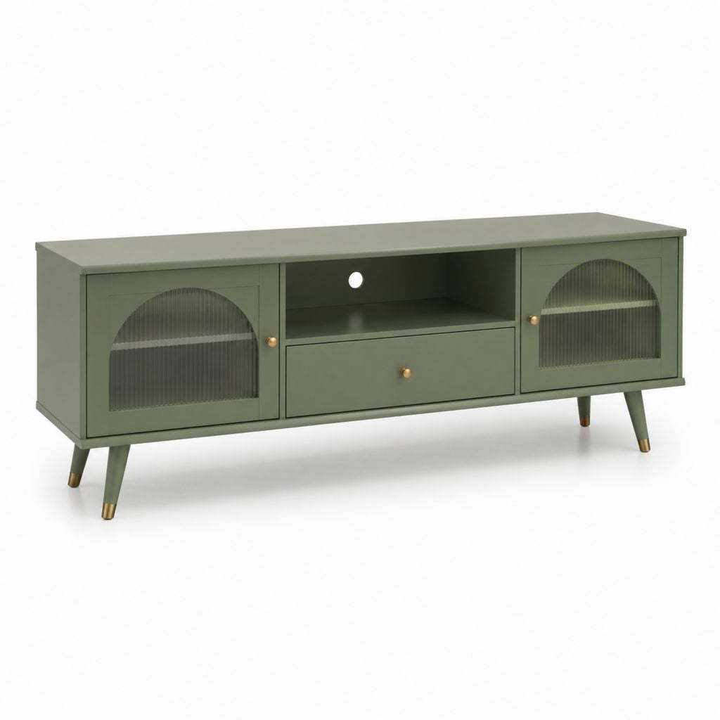 Meuble TV vert olive en MDF et verre trempé strié 160 x 40 x 60 cm
