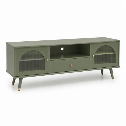 Meuble TV vert olive en MDF et verre trempé strié 160 x 40 x 60 cm