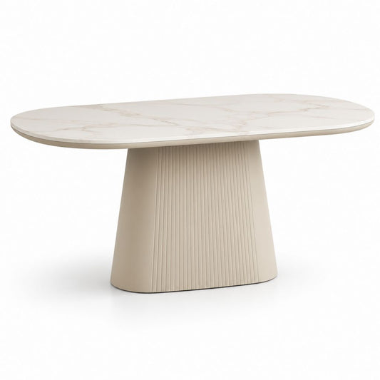Table à manger ovale blanc crème en pierre frittée et MDF 200 x 100 x 76 cm