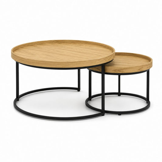 Lot de 2 tables basses rondes gigognes chêne clair et acier noir 80 x 45 cm et 60 x 38 cm