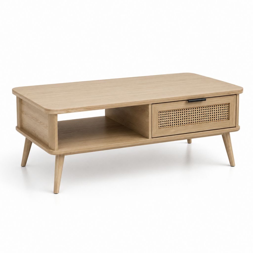 Table basse rectangulaire chêne clair avec tiroir cannage et niche 120 x 60 x 45 cm