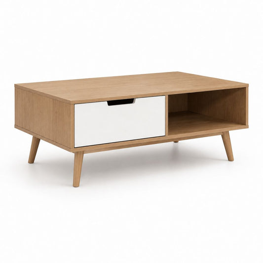 Table basse rectangulaire chêne clair et blanc en panneaux de particules mélaminés 100 x 50 x 45 cm