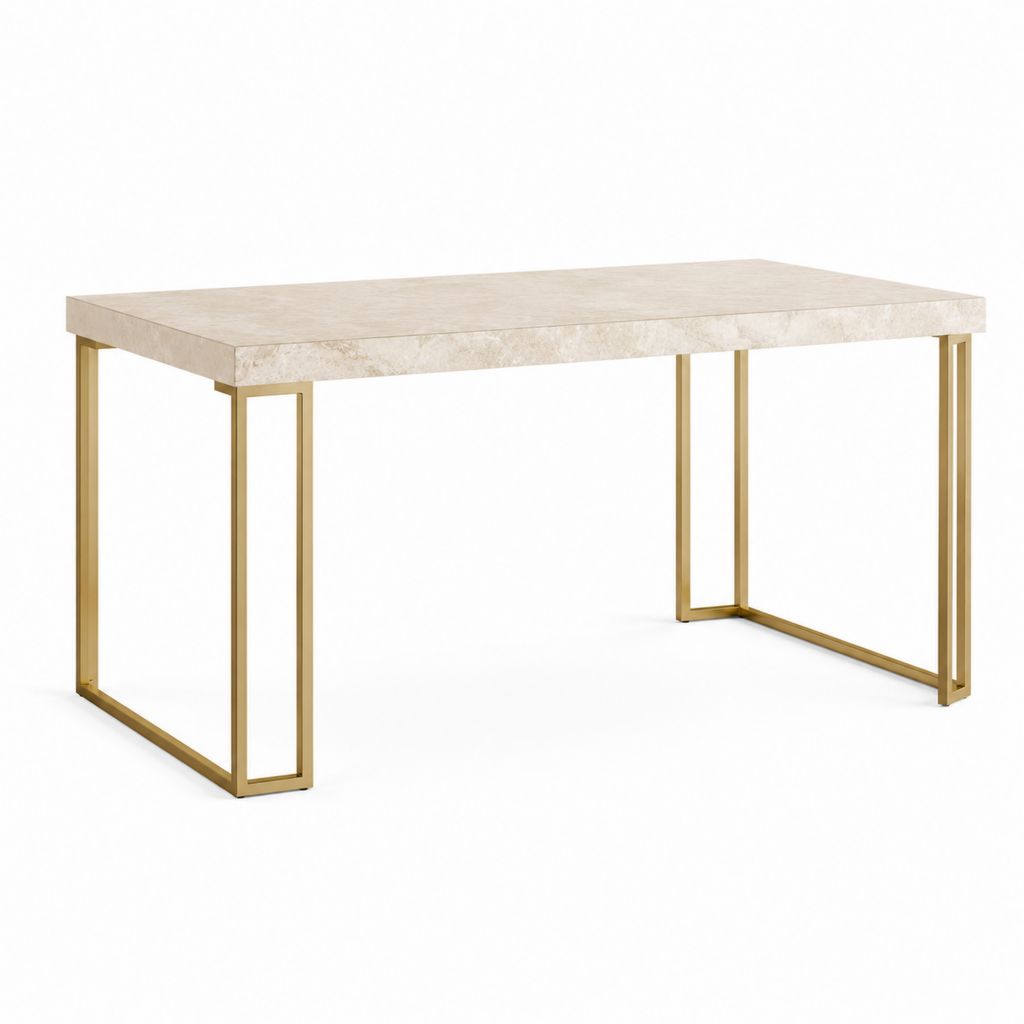 Table à manger rectangulaire beige effet marbre pieds en acier doré 140 x 80 x 75 cm