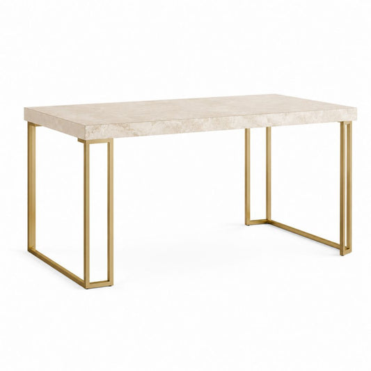 Table à manger rectangulaire beige effet marbre pieds en acier doré 140 x 80 x 75 cm