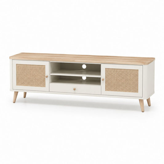Meuble TV rectangulaire blanc et naturel en MDF cannage de rotin 160 x 40 x 55 cm