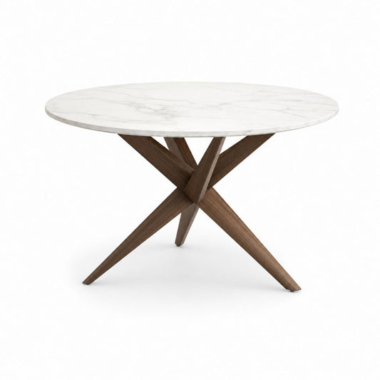 Table à manger ronde blanche effet marbre avec piètement en placage noyer 120 x 75 cm