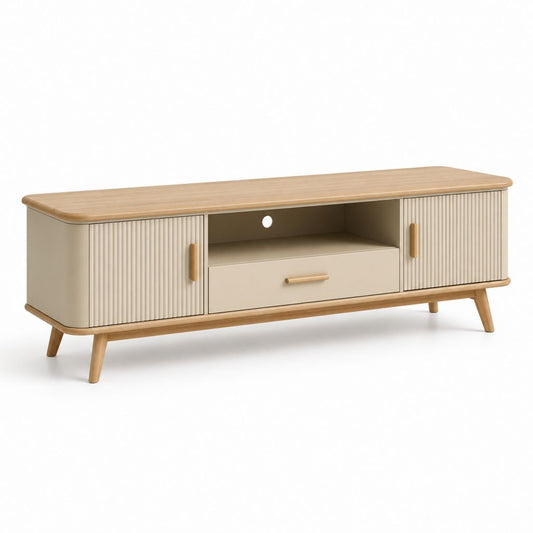 Meuble TV 160 cm beige et chêne en MDF avec 2 portes 1 tiroir et niche ouverte