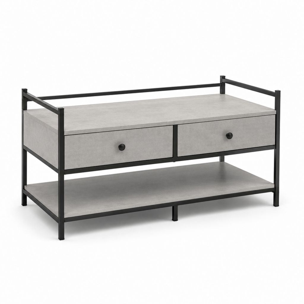 Table basse rectangulaire gris béton en MDF et acier avec 2 tiroirs 100 x 50 x 45 cm