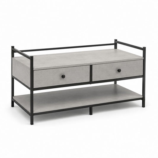 Table basse rectangulaire gris béton en MDF et acier avec 2 tiroirs 100 x 50 x 45 cm