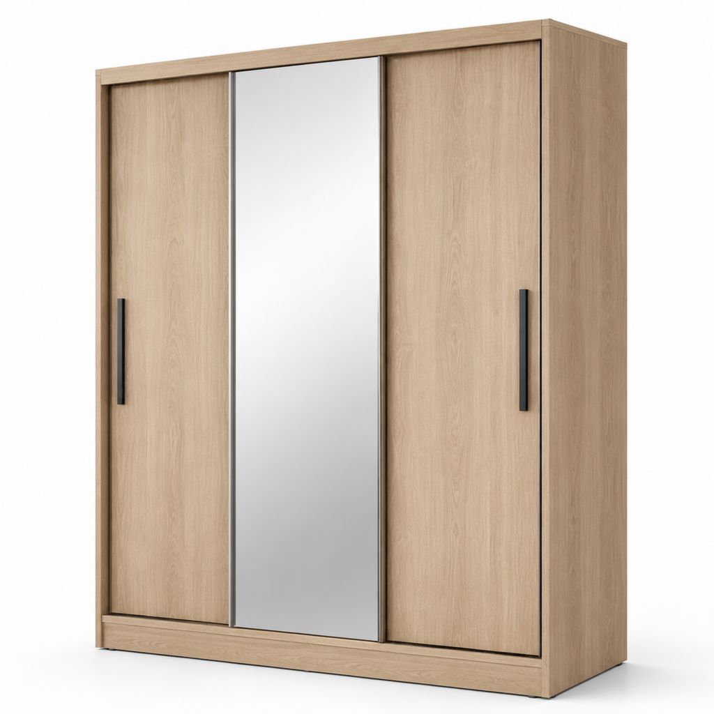 Armoire à portes coulissantes chêne clair en panneaux de particules mélaminés avec miroir rectangulaire 150 x 60 x 200 cm