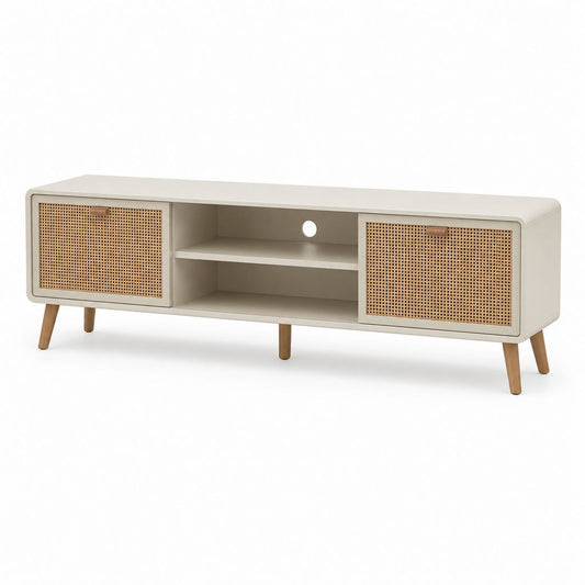 Meuble TV 160 cm blanc cassé avec portes en cannage de rotin et pieds en bois massif