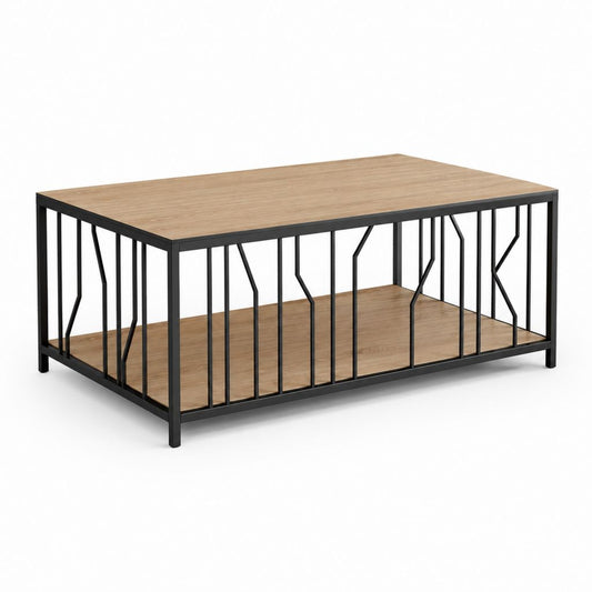 Table basse rectangulaire chêne clair et noir en panneaux MDF et acier 100 x 50 x 45 cm