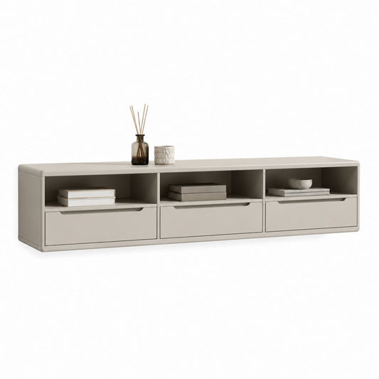 Meuble TV bas beige en MDF rectangulaire 180 x 40 x 45 cm avec 3 tiroirs et 3 niches