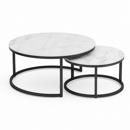 Lot de 2 tables basses gigognes rondes blanches effet marbre en MDF et acier Ø80 x 45 cm Ø60 x 40 cm