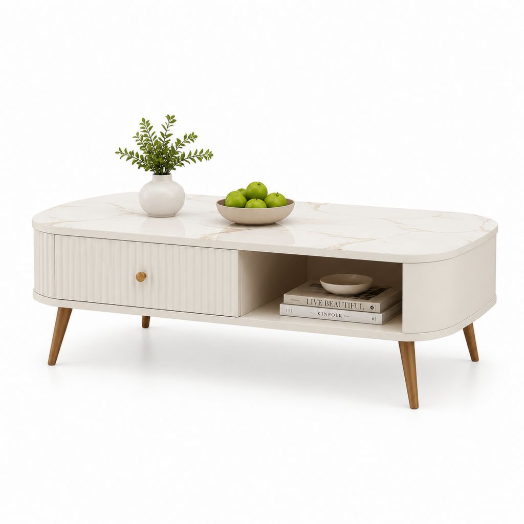 Table basse ovale blanche effet marbre en MDF 110 x 60 x 40 cm avec tiroir et niche de rangement