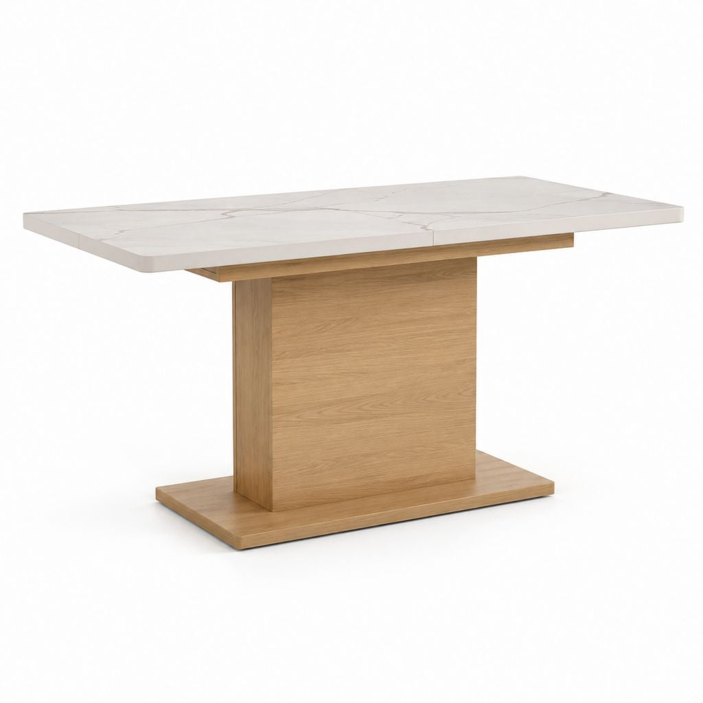 Table à manger rectangulaire blanche et chêne en céramique et MDF 160 x 90 x 76 cm