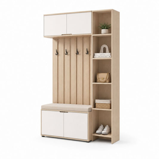 Armoire vestiaire d'entrée rectangulaire chêne clair et blanc en panneaux de particules 100 x 35 x 180 cm avec banc et rangement chaussures