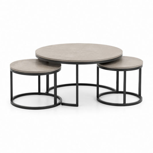 Lot de 3 tables basses gigognes rondes gris effet béton et acier noir Ø 80 cm Ø 50 cm