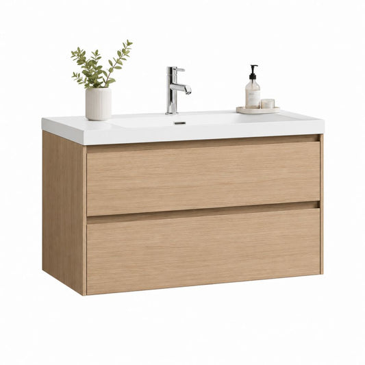 Meuble sous vasque suspendu 80 x 46 x 55 cm chêne clair en panneaux MDF avec vasque blanche