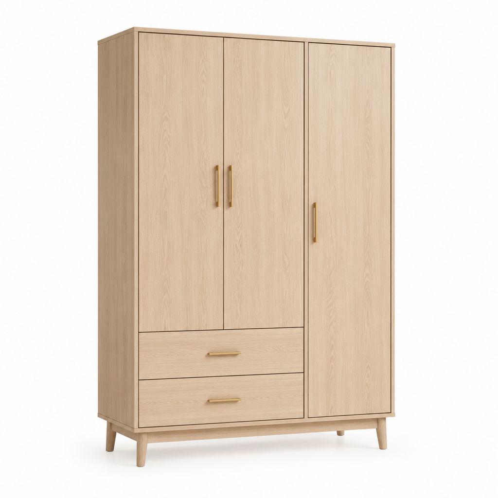 Armoire 3 portes avec 2 tiroirs chêne clair en panneaux de particules 120 x 55 x 200 cm