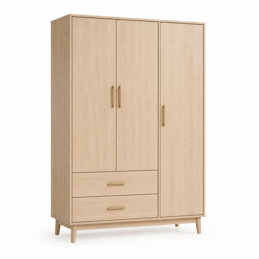 Armoire 3 portes avec 2 tiroirs chêne clair en panneaux de particules 120 x 55 x 200 cm