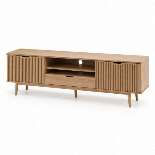 Meuble TV en panneaux MDF décor chêne 180 x 40 x 60 cm avec 2 portes et tiroir