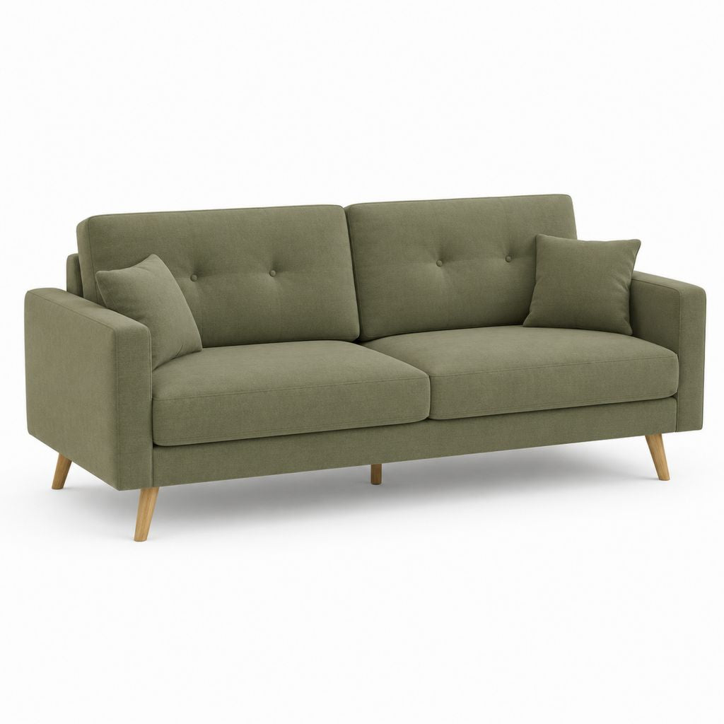Canapé 2 places vert olive en polyester avec pieds en hévéa massif 180 x 85 x 85 cm